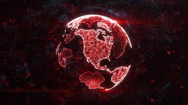 istock Digital globe made of plexus bright glowing lines. Detailed virtual planet earth. Technology structure of connected lines, dots and particles forming world. North america continent. 3d rendering 1208006428