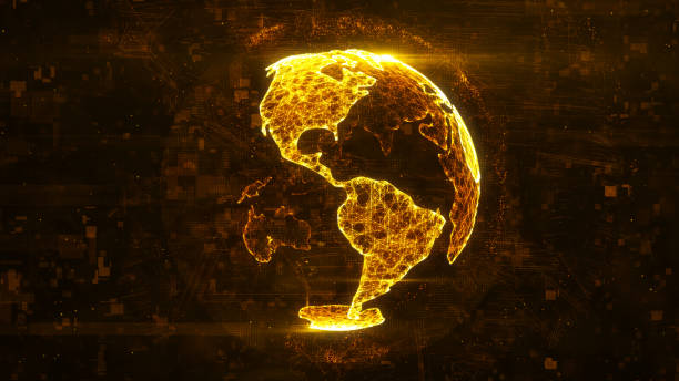 istock Digital globe made of plexus bright glowing lines. Detailed virtual planet earth. Technology structure of connected lines, dots and particles forming world. North and South America. 3d rendering 1208006448