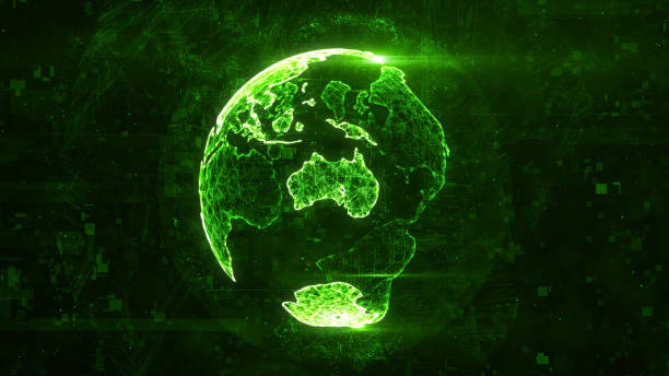 istock Digital globe made of plexus bright glowing lines. Detailed virtual planet earth. Technology structure of connected lines, dots and particles forming world. Australia continent. 3d rendering 1208006462