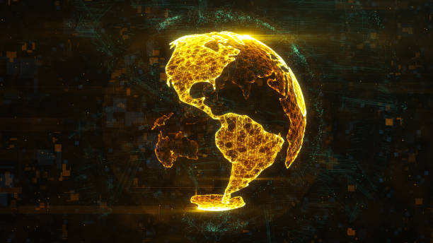 istock Digital globe made of plexus bright glowing lines. Detailed virtual planet earth. Technology structure of connected lines, dots and particles forming world. North and South America. 3d rendering 1208006496