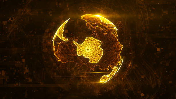 istock Digital globe made of plexus bright glowing lines. Detailed virtual planet earth. Technology structure of connected lines, dots and particles forming world. Antarctica continent. 3d rendering 1208006499
