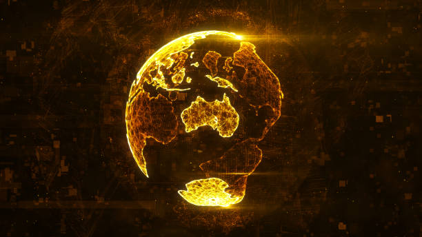 istock Digital globe made of plexus bright glowing lines. Detailed virtual planet earth. Technology structure of connected lines, dots and particles forming world. Australia continent. 3d rendering 1208006524