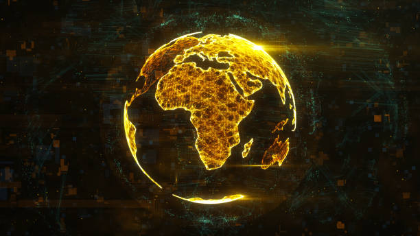 istock Digital globe made of plexus bright glowing lines. Detailed virtual planet earth. Technology structure of connected lines, dots and particles forming world. Africa continent. 3d rendering 1208006534