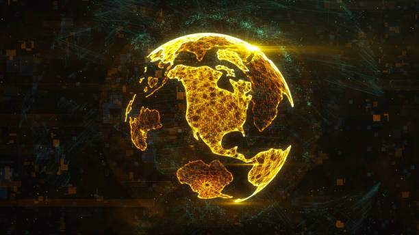 istock Digital globe made of plexus bright glowing lines. Detailed virtual planet earth. Technology structure of connected lines, dots and particles forming world. North america continent. 3d rendering 1208006582