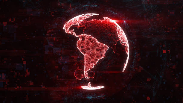istock Digital globe made of plexus bright glowing lines. Detailed virtual planet earth. Technology structure of connected lines, dots and particles forming world. South america continent. 3d rendering 1208006592