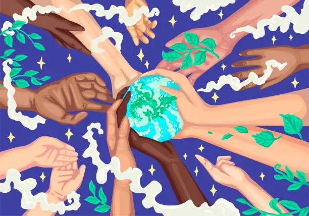 Vector illustration of Poster save the earth. Ecological salvation of the planet. Different hands hold the Earth. Vector illustration