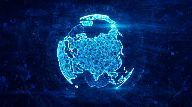istock Digital globe made of plexus bright glowing lines. Detailed virtual planet earth. Technology structure of connected lines, dots and particles forming world. Eurasia continent. 3d rendering 1208007665