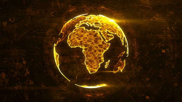 Digital globe made of plexus bright glowing lines. Detailed virtual planet earth. Technology structure of connected lines, dots and particles forming world. Africa continent. 3d rendering Digital globe africa stock pictures, royalty-free photos & images