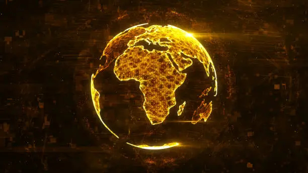 Photo of Digital globe made of plexus bright glowing lines. Detailed virtual planet earth. Technology structure of connected lines, dots and particles forming world. Africa continent. 3d rendering