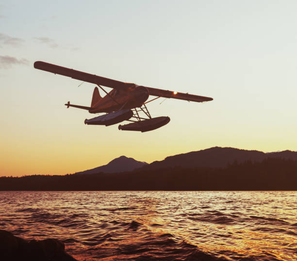 Fly Me to Alaska A float plane at low altitude in sunset light over an Alaskan inlet. bush plane stock pictures, royalty-free photos & images