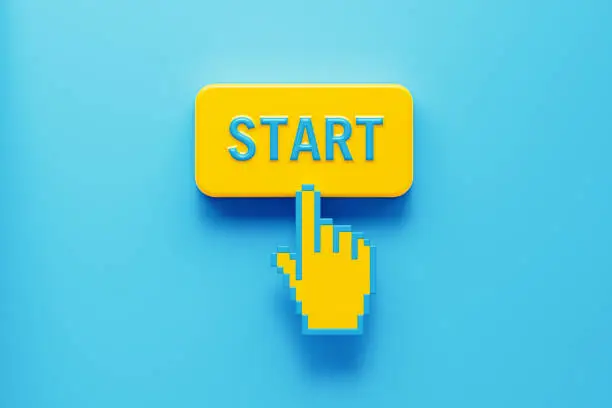 Hand shaped computer cursor clicking on a yellow computer button on blue background. Start is written on push button. Horizontal composition with copy space. New business concept.