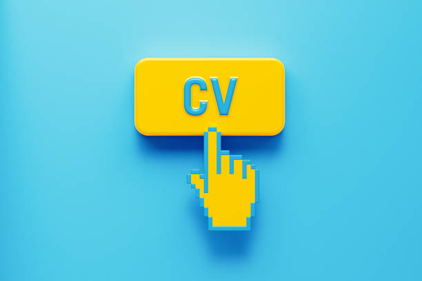 Hand Shaped Computer Cursor Clicking over A Yellow Push Button: CV Written on Push Button Hand shaped computer cursor clicking on a yellow computer button on blue background. CV is written on push button. Horizontal composition with copy space. Recruitment concept. cursor photos stock pictures, royalty-free photos & images