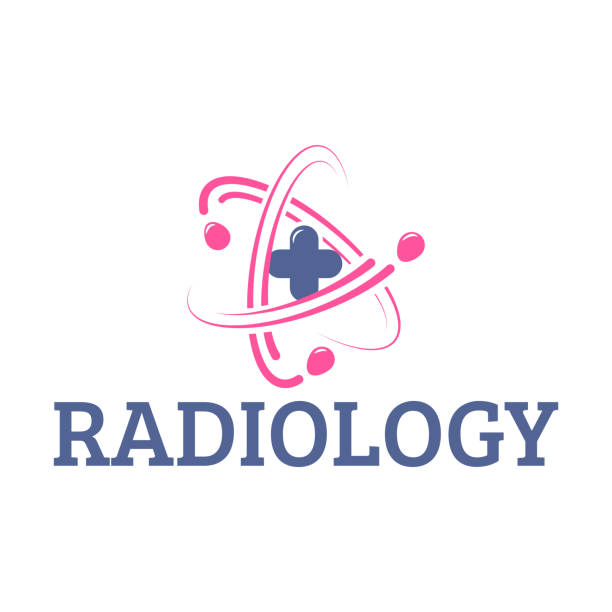 Nuclear medicine abstract   with sample text Symbol of radiology or nuclear medicine with sample text in flat color style. Abstract   design for science and medical technology. atom nuclear energy physics symbol stock illustrations