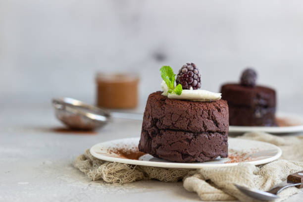 fondente caldo al cioccolato da dessert con gelato, menta e mora sul piatto bianco. ricetta torta di lava. dessert perfetto per san valentino. - little cakes foto e immagini stock