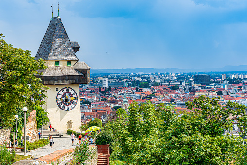 The Uhrturm at the top of Schlossberg, symbol of Graz, in Styria, Austria