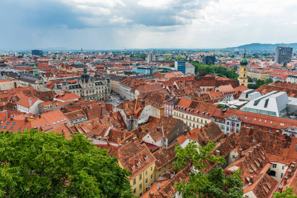 Aerial view of the old town of Graz, from the Schlossberg, in Styria, Austria