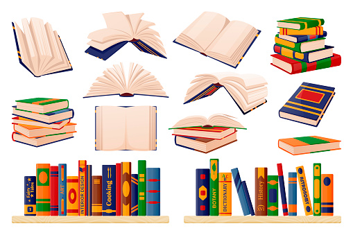 Colorful paper books collection. Vector flat cartoon illustration. Isolated learning and education icons set. Open and closed books on bookshelf. Library or bookstore multicolor design elements.