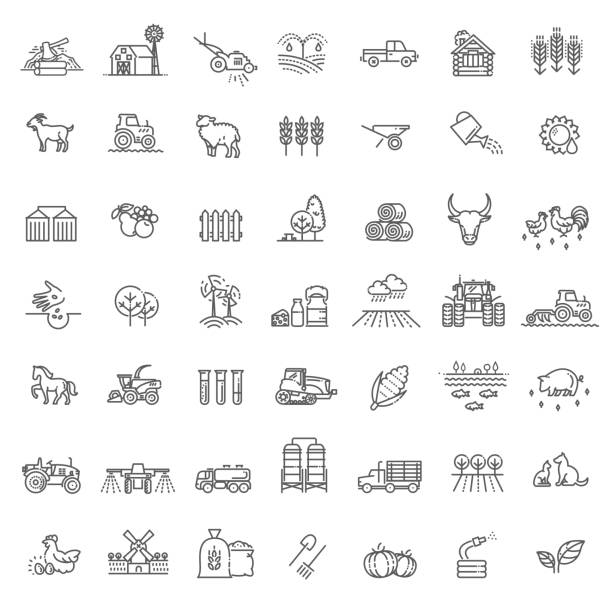 Set of Agriculture and Farming Line Icons Farming and agriculture life concept. Harvester trucks, tractors, farmers and village farm buildings farm icons stock illustrations