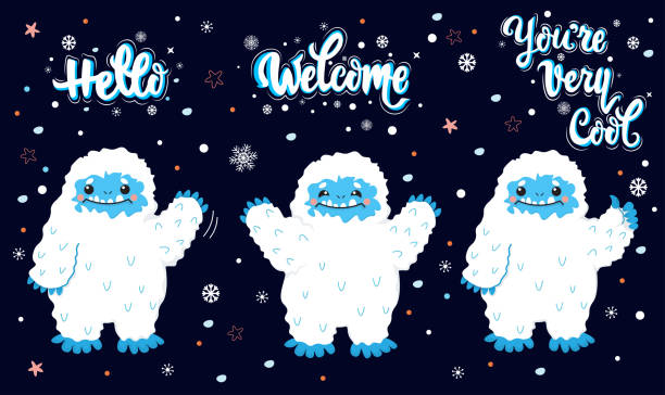 ilustraciones, imágenes clip art, dibujos animados e iconos de stock de lindo invierno yeti nieve con letras de calgrafía citas vectoriales conjunto de vectores. feliz saludo yeti caricatura, aprobar. hola, bienvenido, eres muy cool. vacaciones de invierno. aislado en fondo oscuro. - yeti