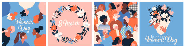 Collection of greeting card or postcard templates with flower bouquet in vase, floral wreath, feminism activists and Happy Women's Day wish. Modern festive vector illustration for 8 March celebration. vector art illustration