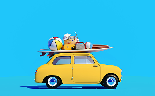 Small retro car with baggage, luggage and beach equipment on the roof, fully packed, ready for summer vacation, cartoon concept of a road trip, blue background and bright yellow car, 3d render, 3d illustration