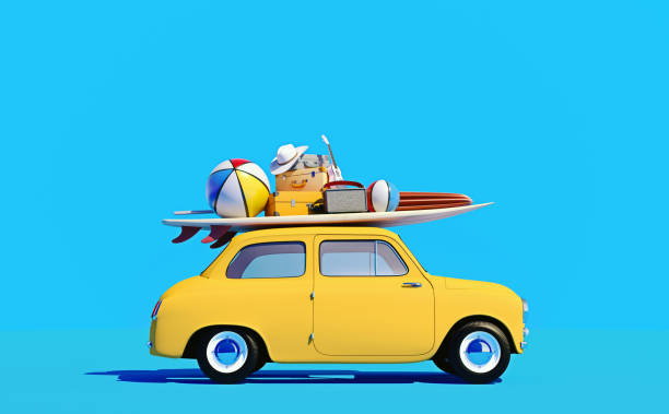 Small retro car with baggage, luggage and beach equipment on the roof, fully packed, ready for summer vacation, cartoon concept of a road trip, blue background and bright yellow car, 3d render, 3d illustration stock photo