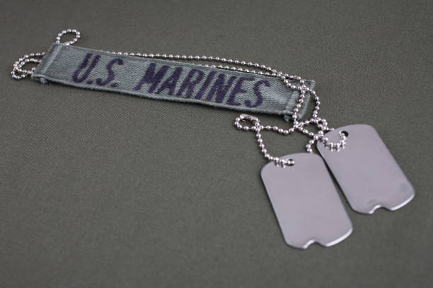 istock U.S. MARINES Tape with dog tags on olive green uniform 1208025738