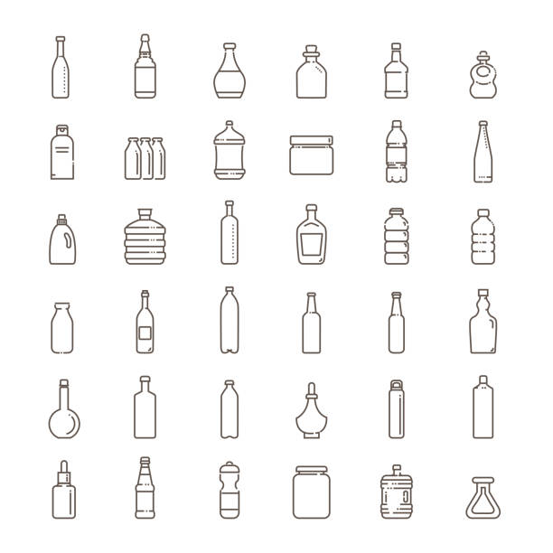 ilustraciones, imágenes clip art, dibujos animados e iconos de stock de botella, colección de envases - conjunto de iconos vectoriales - plástico