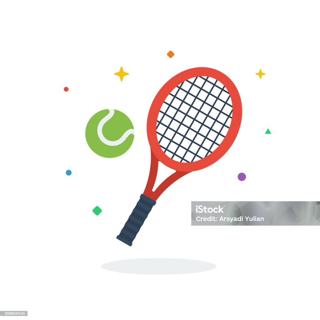 ウェブサイトのためのユニークな飛行テニスラケットソフトボールボールフラットバッジアイコンベクトル - テニスのロイヤリティフリーベクトルアート