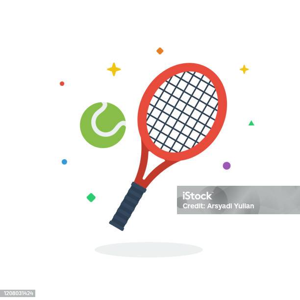 ウェブサイトのためのユニークな飛行テニスラケットソフトボールボールフラットバッジアイコンベクトル - テニスのベクターアート素材や画像を多数ご用意 - テニス, ラケット, フラットデザイン