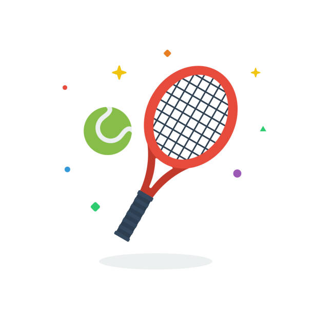 Unique flying Tennis Racket Softball Ball flat badge icon vector for website Unique flying Tennis Racket Softball Ball flat badge icon vector for website and any digital needs racquet stock illustrations