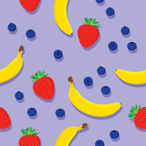 ilustraciones, imágenes clip art, dibujos animados e iconos de stock de patrón de arándanos de plátano de fresa - backgrounds banana berry fruit blended drink