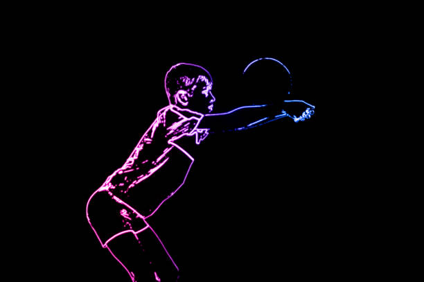istock Neon Boy playing volleyball isolated in black. Physical, sport 1208033306