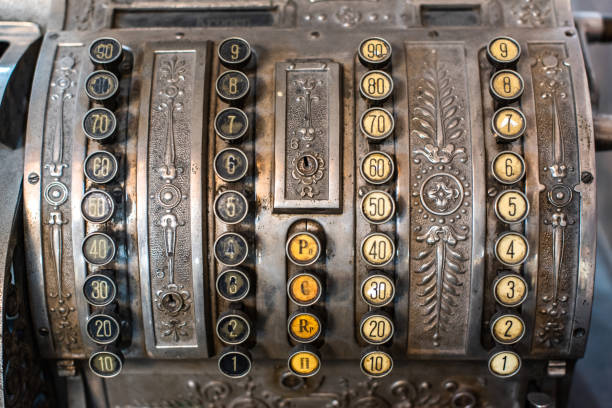istock Vintage cash register machine ornaments antique copy space 1208034862