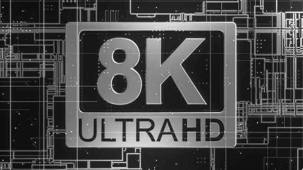 istock 8K ultra hd symbol on abstract electronic circuit board. Television technology concept of ultra high definition sign on digital background with many lines and geometric elements. 3d rendering 1208036816