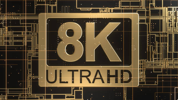 istock 8K ultra hd symbol on abstract electronic circuit board. Television technology concept of ultra high definition sign on digital background with many lines and geometric elements. 3d rendering 1208036821