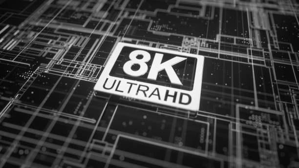 istock 8K ultra hd symbol on abstract electronic circuit board. Television technology concept of ultra high definition sign on digital background with many lines and geometric elements. 3d rendering 1208036876