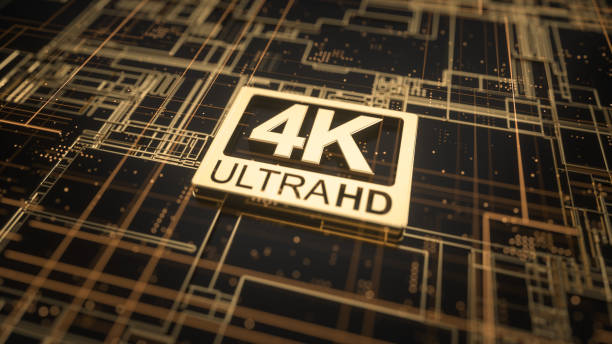 istock 4K ultra hd symbol on abstract electronic circuit board. Television technology concept of ultra high definition sign on digital background with many lines and geometric elements. 3d rendering 1208036878