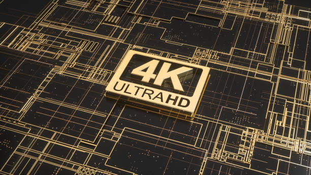 4K ultra hd symbol on abstract electronic circuit board. Television technology concept of ultra high definition sign on digital background with many lines and geometric elements. 3d rendering 4K sign 4k resolution stock pictures, royalty-free photos & images