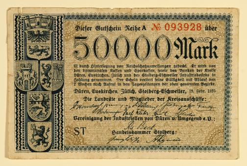 Back or reverse side of obsolete 1923 German notgeld inflationary mark printed February 15, 1923 as hyperinflation caused the printing of emergency money.
