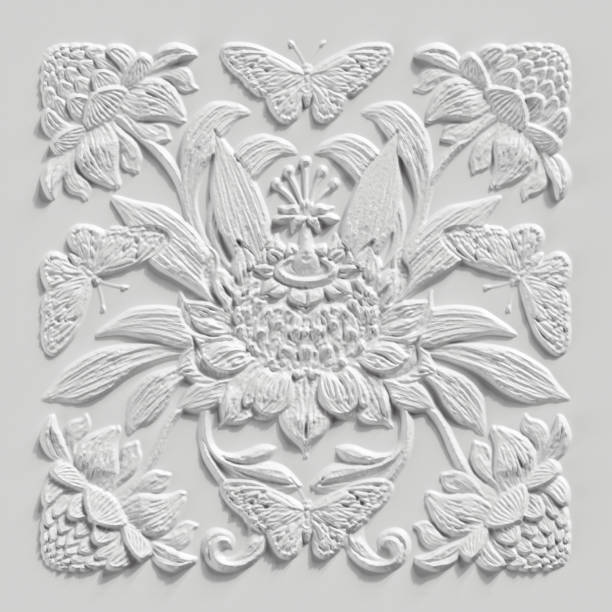 istock 3d render, abstract white botanical background, stone carved floral ornament, plaster texture, alabaster, tropical flowers and leaves, gypsum wall decor, architectural design element, antique decor 1208038119