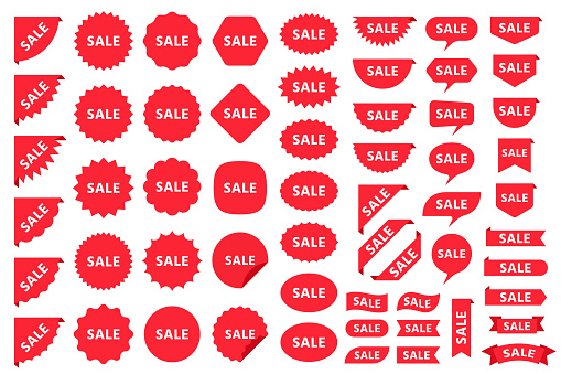 Burst price boxes. Sale, New sticker. Vector.  Discount promo stamps. Circle, corner, cloud badges. Red tag product labels. Set starburst shapes isolated on white background. Flat illustration.
