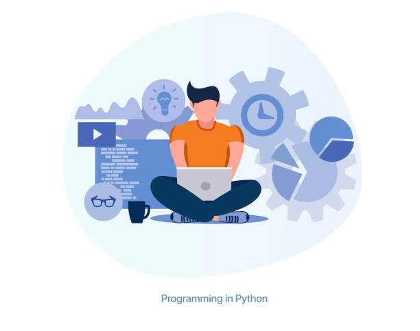 Programmer works at a laptop, freelancer. An employee programs and fixes bugs. Programmer works at a laptop, freelancer. An employee programs and fixes bugs. Front End, Back End, Marketing, DevOps, Project Manager, Design, Analyst, Product Manager, Technical Writer project manager stock illustrations