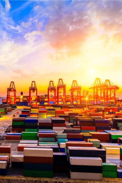 istock Industrial port container freight terminal at beautiful sunset in Shanghai. 1208062602