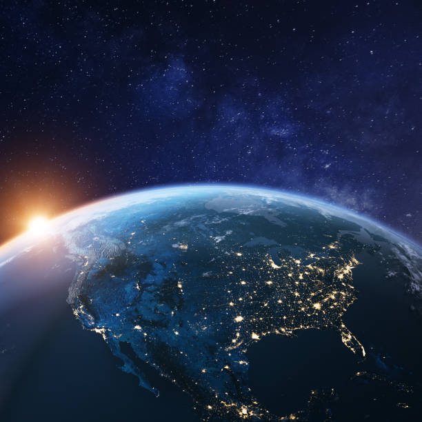 usa aus dem weltraum in der nacht mit stadtlichtern, die amerikanische städte in den vereinigten staaten, mexiko und kanada zeigen, globale übersicht über nordamerika, 3d-rendering des planeten erde, elemente der nasa - map globe usa global business stock-fotos und bilder