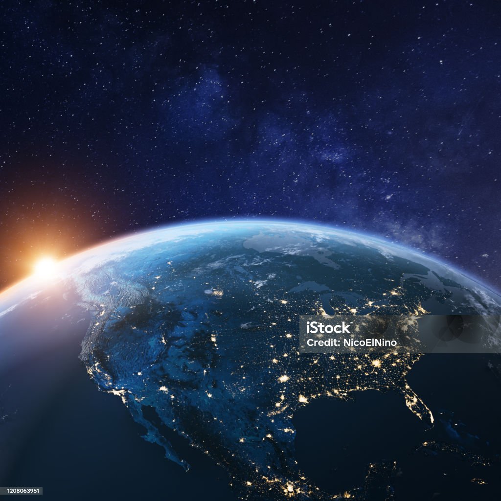 USA from space at night with city lights showing American cities in United States, Mexico and Canada, global overview of North America, 3d rendering of planet Earth, elements from NASA USA from space at night with city lights showing American cities in United States, Mexico and Canada, global overview of North America, 3d rendering of planet Earth, elements from NASA (https://eoimages.gsfc.nasa.gov/images/imagerecords/57000/57752/land_shallow_topo_2048.jpg) Globe - Navigational Equipment Stock Photo