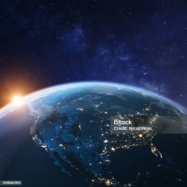 Usa From Space At Night With City Lights Showing American Cities In United States Mexico And Canada Global Overview Of North America 3d Rendering Of Planet Earth Elements From Nasa Stock Photo - Download Image Now