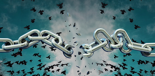 chain breaking in peaces and birds escape to the sky - 3d rendeing