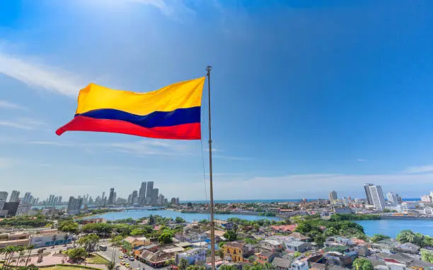 Colombia, scenic view of Cartagena cityscape, modern skyline, hotels and ocean bays Bocagrande and Bocachica from the lookout of Saint Philippe Castle
