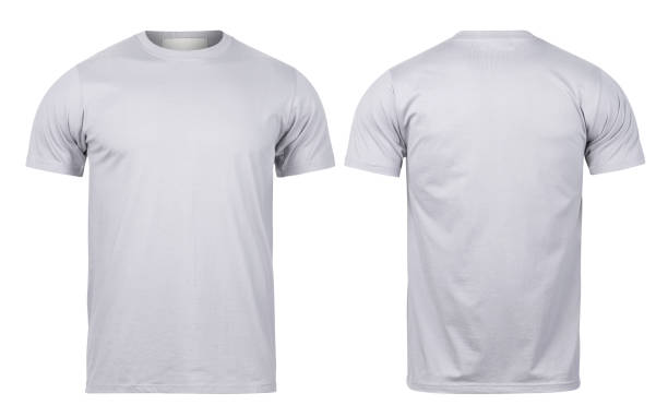 grey t-shirt front and back view mock-up isolated on white background with clipping path - gray shirt imagens e fotografias de stock